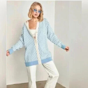 NEW Women’s Qu Retro Funky Cardigan Sweater XL EUR-One Size-Blue Cream